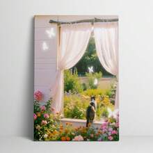 1 Pc Canvas Painting,Framed Picture, Cat, Window, Curtains, Flowers, Garden, Butterflies ,Wood Framed Painting (1) Thickness 2.5 Cm/ 1 Inch-Home Decoration For All Occasions,Ideal New Year, Valentine's Day,Thanksgiving,Easter,Christmas Gift,Room Decoration Aesthetic,Wall Decoration Art,Perfect Gift,Autumn And Winter Wall Decoration,Living Room Decoration, Bedroom Decoration, Kitchen Decoration, Entry Decoration, Bathroom Decoration, Direct Wall Painting, High Quality Wall Painting Poster,Modern Home Decoration Stretched And Framed Ready To Hang