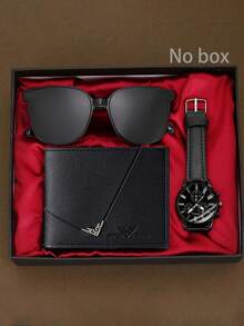 3PCS Men's Fashion Casual Simple Handsome Watch Sunglasses Wallet - Black - View 1