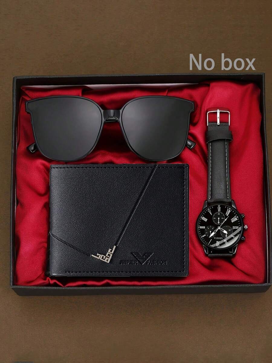 3PCS Men's Fashion Casual Simple Handsome Watch Sunglasses Wallet - Black - View 1