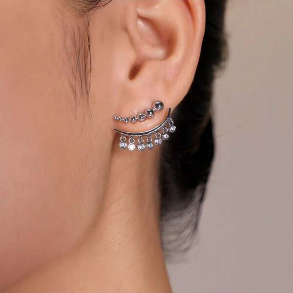 Niche Design Sense Gradient Ball Metal Splicing Two-Wear Tassel Zirconia Sterling Silver Earrings New