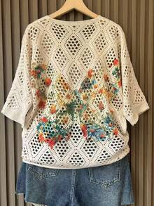 女士夏季度假花卉和树叶印花透明针织上衣 - 杏色 - 查看 2