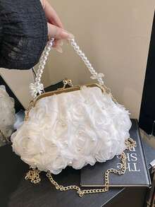 2025 Spring/Summer White Romantic Wedding Season 1pc White Pearl Mesh Floral Hair Clip & Pearl Handbag, Elegant Women's Luxury Dress Evening Bag, Bridal Purse, Wedding Party Clutch - White - View 5