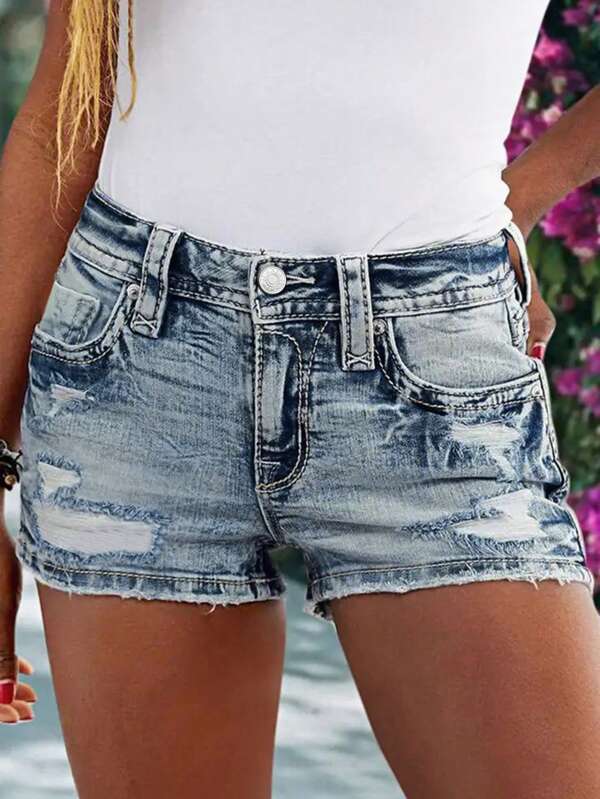Women's Casual Elastic Solid Color Distressed Denim Shorts With Pockets & Embroidered Flowers, Spring/Summer