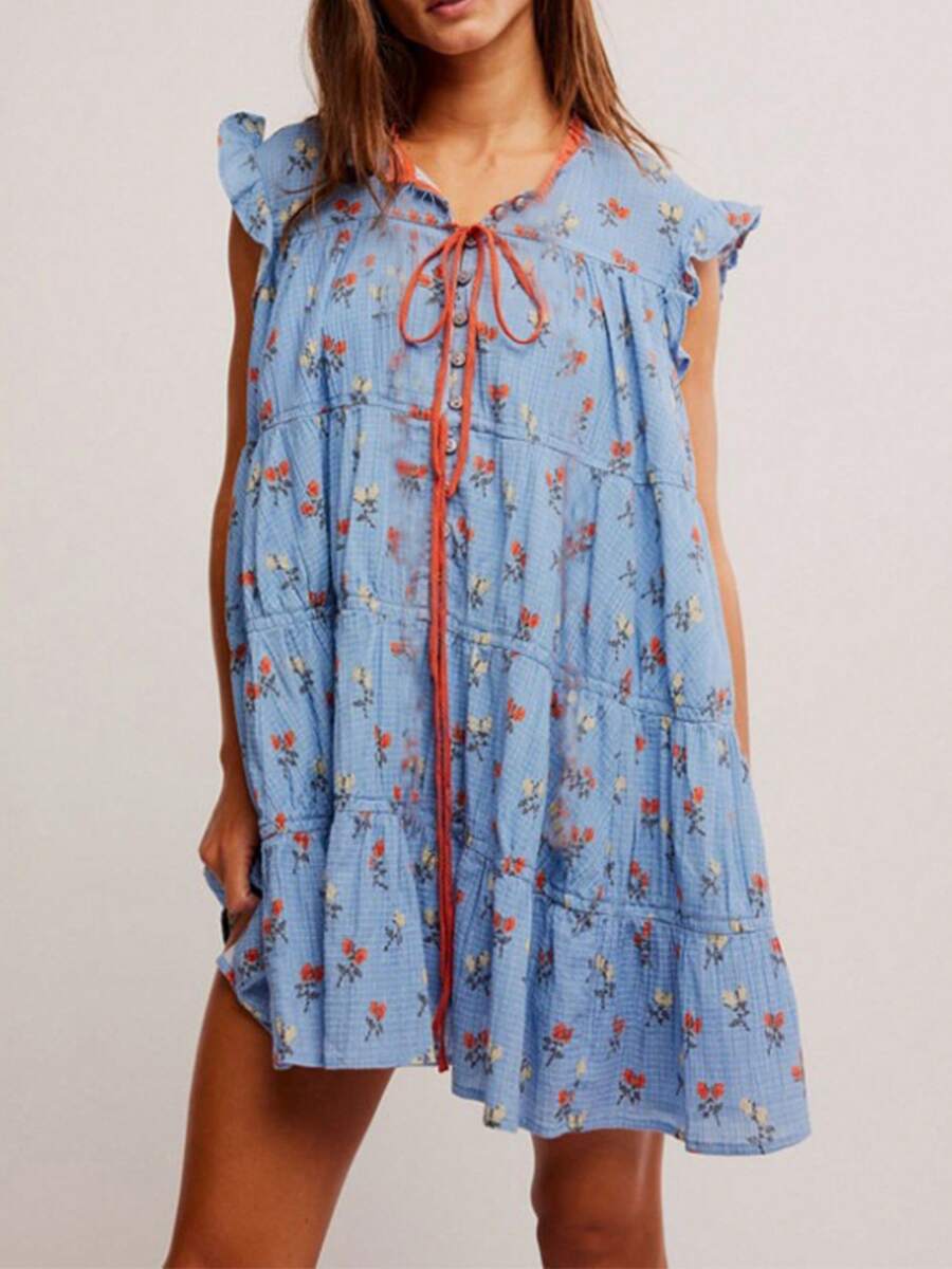 Women Y2k Boho Mini Dress Vintage Floral Tie Up Button Sleeveless Short Dress 2025 Summer Babydoll Sundress Beachwear - Màu xanh lam - Xem 1