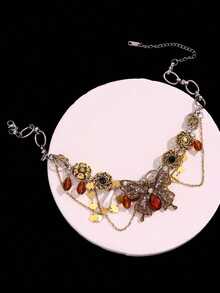 1 件复古做旧金色蝴蝶和花朵锆石颈链，适合女士派对珠宝和日常佩戴 - 彩色 - 查看 6