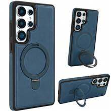 VIETAO Funda de teléfono de negocios con soporte plegable magnético de metal Funda de teléfono de piel sintética con soporte invisible compatible con Samsung Galaxy S24 S25 Ultra