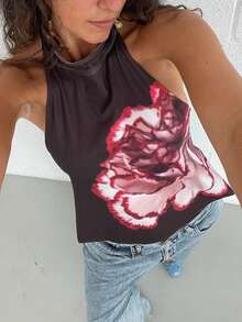 Women Y2K Halter Mock Neck Tops Dot/Floral/Tie-Dye Graphic Sleeveless Backless Crop Tank Tops Sexy Open Back Off The Shoulder Vests Shirts Summer Going Out Tops Club Party Streetwear - màu đen - Xem 2