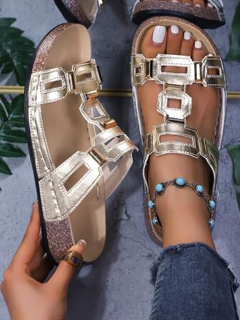 Sandalias deslizantes de mujer con base gruesa y suave, con remaches, huecas, elegantes, de estilo colegial con brillo a cuadros, para playa, fiesta, vacaciones, casual, bohemio, boda en la playa