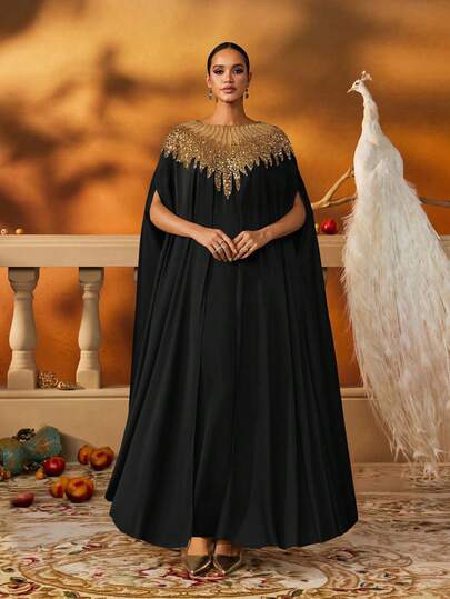 AmazingHoney Luxury Modest Kaftan Dress With Gold Sequin Embellishment, Satin Fabric, Party Abaya, Kaftan Dress,Abaya Dress (Oversized Fit– Please Check Size Chart)