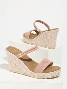 Women's Platform Thick-Soled Sandals, Rope Woven Straw Shoes, Simple Single-Strap Design, Square Toe High Heels Slide Sandals - Dusty Pink - View 9