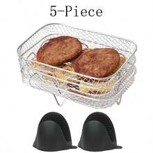 5 peças/Conjunto Acessórios para Fritadeira a Ar em Aço Inoxidável - Encaixáveis, Inclui 2 Luvas Resistentes ao Calor, Adequado para Forno e Fritadeira, à Prova de Lava-Louças, Escolha Perfeita para Cozimento Saudável em Feriados