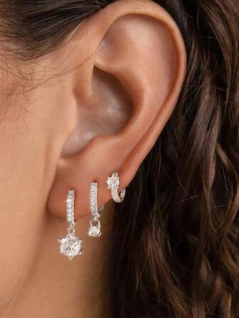 Set de 3 piezas de elegantes pendientes de aro de diamante de plata esterlina 925 para mujer, joyería fina como regalo
