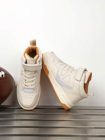 1 Pair Unisex Children Leather Spliced High-Top Sneakers, Fashionable, Waterproof, Comfortable, Versatile Casual Sports Shoes For Kids, All Seasons