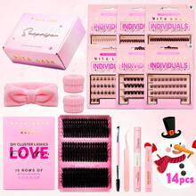 RITALASH 300pcs D Curl Christmas Gift Cluster Lash KitDIY Eyelash Extensions Long Individual Lashes Mixed Tray Lash Clusters Extensions DIY Cluster Lash At Home With Bond And Seal Applicator Cluster Lash Remover And Lash Brush - Black - View 2