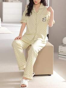Conjunto de pijama de 2 piezas para mujer - Camisa con cuello y abotonadura, parte superior estampada con pandas a cuadros de manga corta y bolsillo y pantalones holgados, ropa cómoda de ocio para primavera, verano y vacaciones