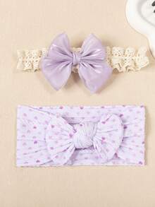 2pcs Set Purple Bow Adorable Baby Headbands, Soft Elastic Nylon Jacquard Heart Pattern Hair Accessories, Newborn Infant Hair Decor, Valentine's Gift (No Paper Card)
