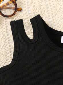 2pcs/Set Young Girls Summer Simple Solid Ribbed Hollow Design Sleeveless Crop Top + Minimalist Leopard Print Mini Skirt - Black - View 4