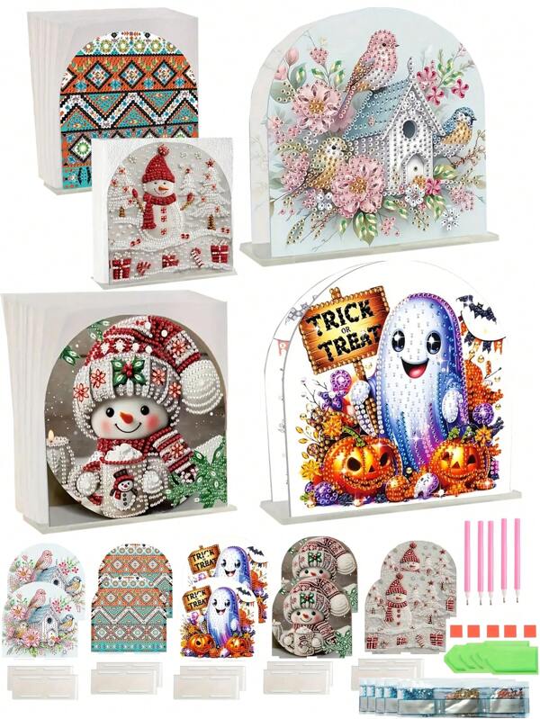 5 piezas de portavasos de servilletas hechos a mano y con formas irregulares, con diseños de muñecos de nieve, casitas de pájaros, pequeños fantasmas y cuadros de colores. Hechos de acrílico, son adecuados para decorar la mesa del comedor en el hogar, la mesa de café en la oficina o la caja de pañuelos en el escritorio, y también pueden utilizarse como elegantes y creativos contenedores de almacenamiento para la sala de estar