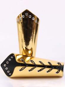 Set Of 2 New Adjustable Silvery/Golden PU Leather Wrist Guards With Retro Rivets, Perfect For Halloween, Nordic Viking Renaissance Cosplay Props, Punk Arm Guards, Cosplay Accessories For Costumes - A - View 6