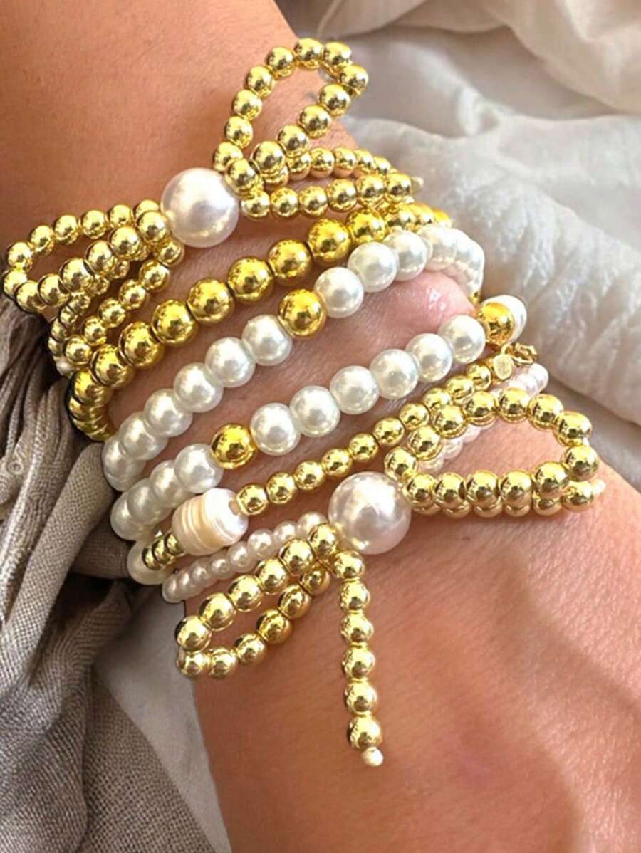 Conjunto de 3 pulseiras elásticas elegantes com pérolas românticas francesas e laços, pulseiras vintage multicamadas versáteis para mulheres, ideais para o verão, festas, encontros, feriados, combinação diária, presente