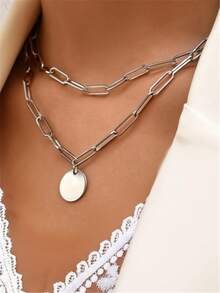 1pc Double Layer Round Pendant Necklace, Everyday Wear - Yellow Gold - View 2