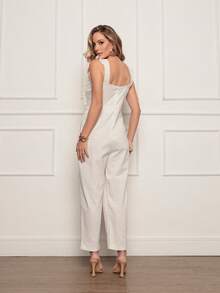 DUOUNO MODAS - WOMEN'S LINEN OVERALLS WITH RUFFLES ON THE STRAPS - ELEGANT WOMEN'S OVERALLS - White - View 2
