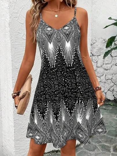 Vestido de verano sin mangas con cuello en V y estampado floral diminuto, vestido casual de playa