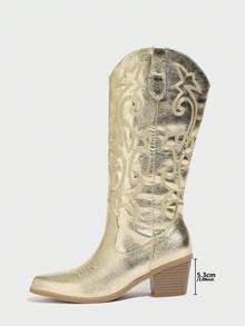 Botas altas de invierno de estilo occidental para mujer con bordados, puntera puntiaguda, deslizamiento, calientitas de PU, tacón grueso, botas vaqueras de moda - Dorado - Ver 4