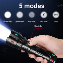 High-Power LED Flashlight Long-Range 1500 Meters Ultra-Bright Zoom Waterproof Tactical Torch Rechargeable Camping Fishing Light Outdoor Hiking Adventure Hunting Light - Black - View 6