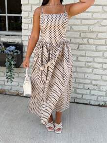 Womens Bow Long Dress Summer Sleeveless Spaghetti Strap Stripes/Dots Print Dress Flowy Dress