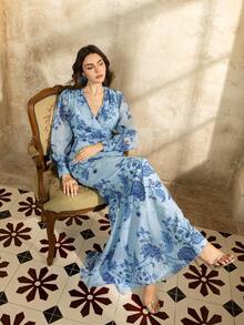 优雅的花卉印花及地晚礼服，美人鱼轮廓，精致的花卉图案，适合红毯活动、豪华婚礼、伴娘礼服、正式晚会 - 藍色 - 查看 11