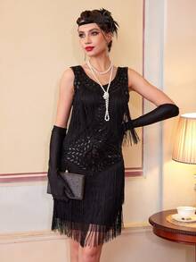 1920 年代无袖轻佻连衣裙 圆领“了不起的盖茨比”连衣裙 流苏亮片“咆哮的 20 年代”连衣裙 鸡尾酒会礼服 - 黑色 - 查看 6