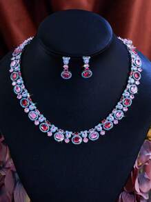 1 Set Luxury Turquoise And Pink Red Cubic Zirconia Chunky Big Wedding Banquet Bridal Party Necklace And Earrings Jewelry Set For Women