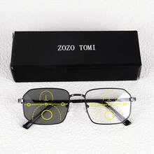 渐进多焦点老花镜，光致变色，时尚金属矩形镜框，金属弹簧铰链，男女通用