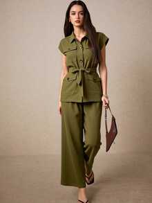 Liso  Casual  Elegante    Bolsillo  Cinturón  Botón - Verde militar - Ver 1