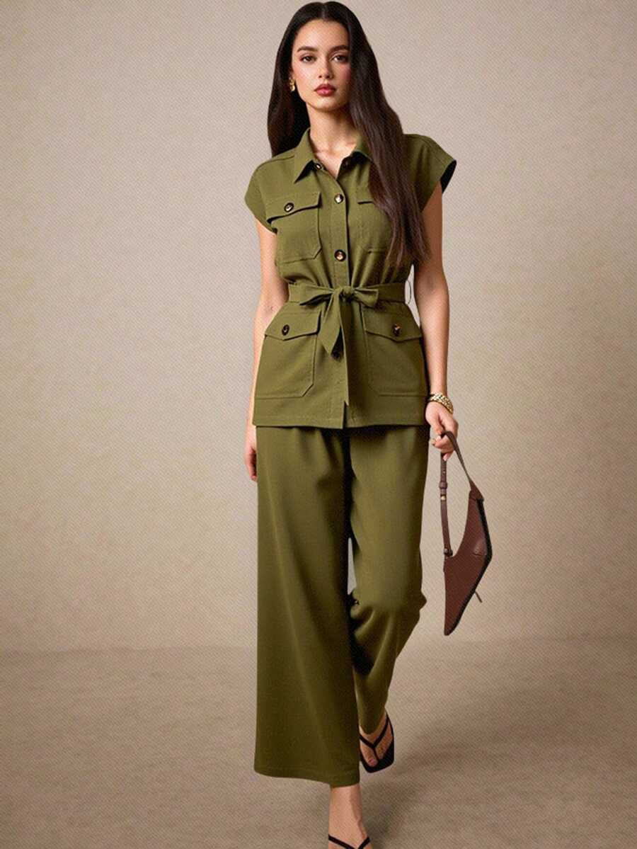 Liso  Casual  Elegante    Bolsillo  Cinturón  Botón - Verde militar - Ver 1