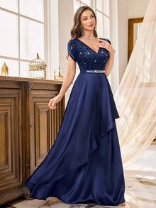 MIUSOL Đầm maxi dự tiệc trang trọng, ren hoa đính sequin, cổ chữ V, tay cánh hoa, chất liệu satin, vạt bất đối xứng, xếp ly, thích hợp cho khách dự đám cưới, lễ tốt nghiệp, tiệc gala và các dịp khác vào mùa hè. - Màu xanh hải quân - Xem 7