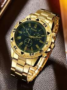 2025 neue Mode Herren Edelstahl Band Quarz Uhr, lässige personalisierte große Zifferblatt Goldfarbe Armbanduhr für Herren, gefälschte Dreiauge Studentenuhr