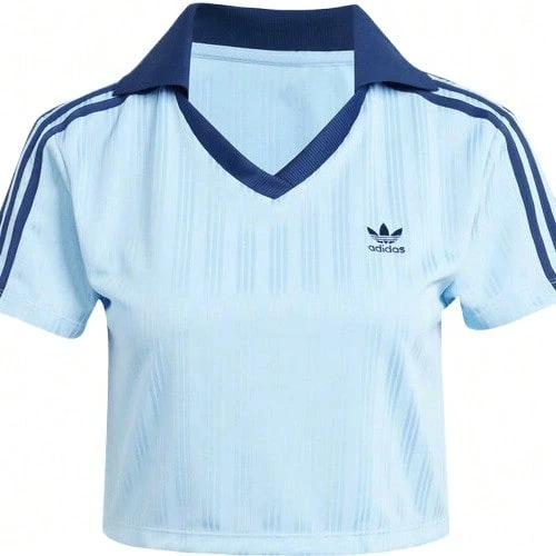 Adidas Originals Áo thun polo dệt kim cổ chữ V ngắn cho nữ TJD5864 - Màu xanh lam - Xem 1