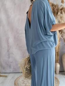 Women's Spring/Summer Clothing Solid Color V-Neck Bat Sleeve Casual Simple Loose Wide Leg Pants Set - 藍色 - 查看 2