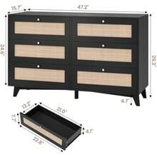Black Rattan Dresser For Bedroom, 6 Drawer Dresser With Natural Rattan Drawers, Wooden Wide Storage Cabinet With Gold Handles, - 1 - View 3