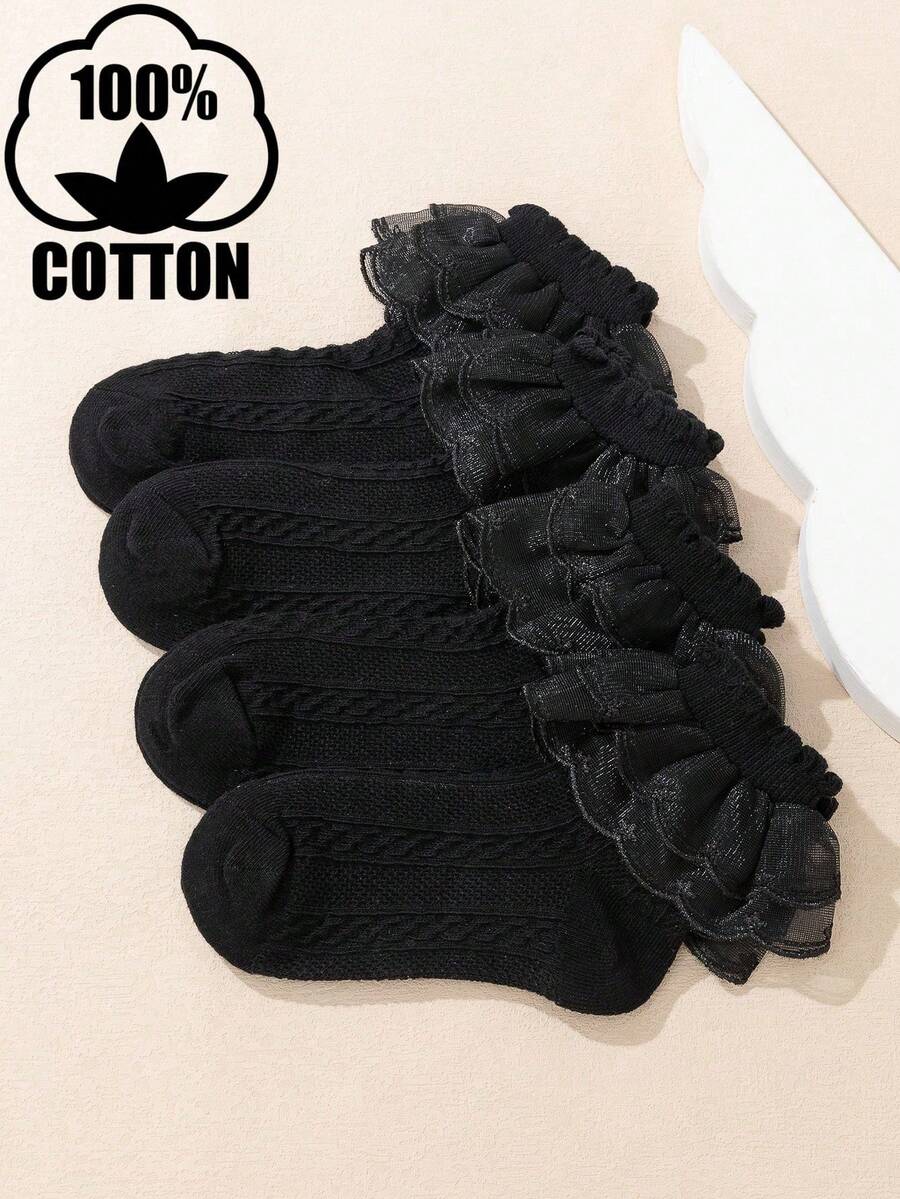 4 đôi tất cổ ngắn bằng vải cotton màu trơn phối ren lưới viền bèo nhún cho bé gái - màu đen - Xem 1