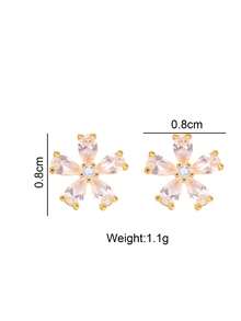 1 Pair Cute Transparent Zirconia Flower Stud Earrings, Suitable For Women's Wedding Wear, Shiny Crystal Fashion Bridal Jewelry - Gold - View 2