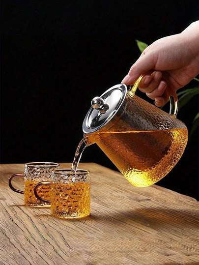 1 Parça Kalın Cam Çaydanlık, Büyük Boy, Paslanmaz Çelik Filtre, Çekiç Doku, Ev Çaydanlığı, Çay Fincanı, Çiçek Çaydanlığı, Çay Seti