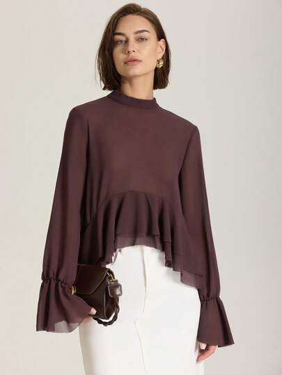 Women's Layered Bow Decor Sheer Round Neck Blouse