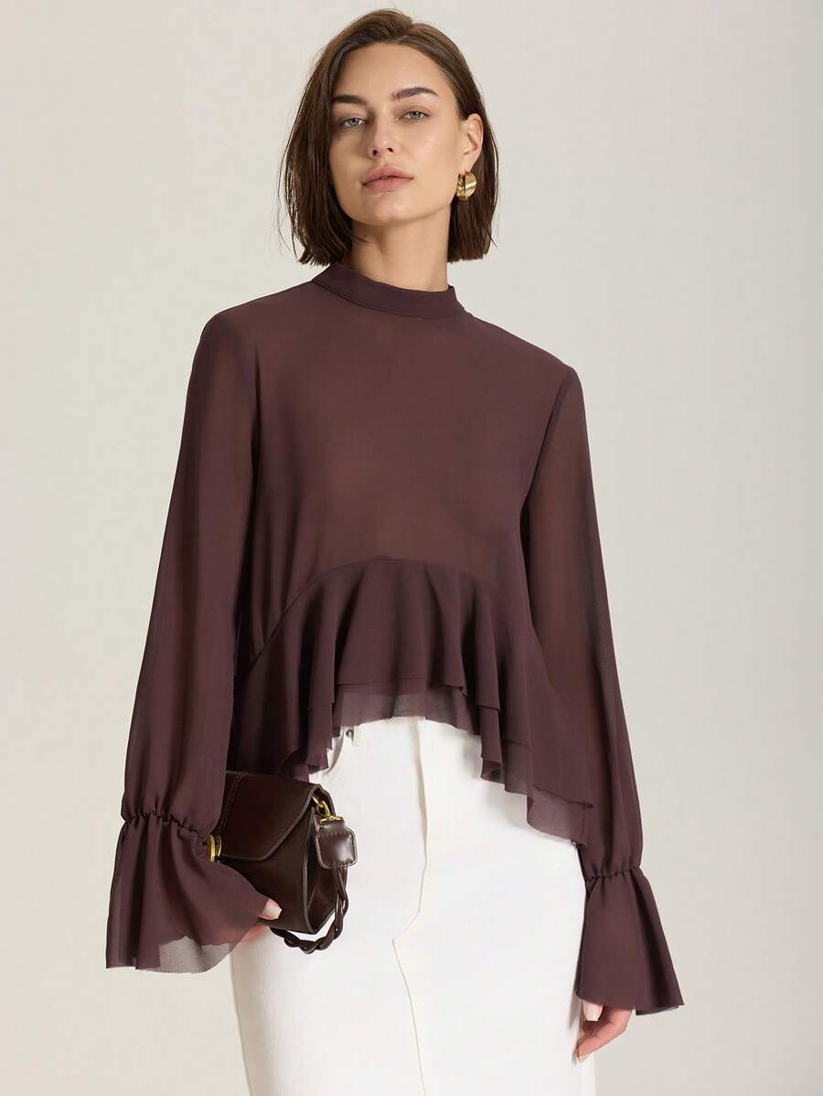 Women's Layered Bow Decor Sheer Round Neck Blouse Spring - Brown - View 1