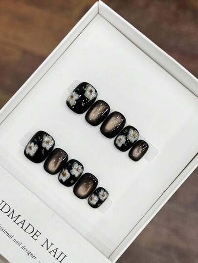 10 Pieces Of Pure Handmade Wearable Nail Fake Nails,Nails Press On Nails Nail Supplies Summer Nails Press On Nail Tips Handmade Press On Nails Spring Short Press On Nails Fake Nails Nail Tips Vintage Black Floral Short Nail Shape