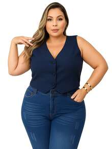 Short Vest Plus Size Tailored Women's Lined Social Chic Buttons - Màu xanh hải quân - Xem 3