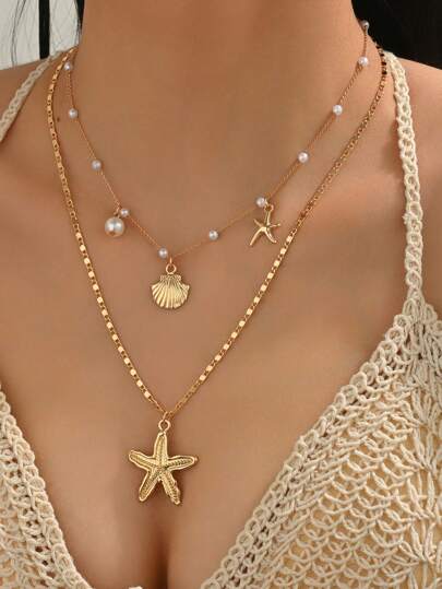 Set de 2 collares de verano con perlas falsas y dijes, conjunto de joyas con colgantes con temática de vida marina, adecuado para uso diario/vacacional de mujeres, longitud ajustable hecha a mano con diferente número de perlas falsas