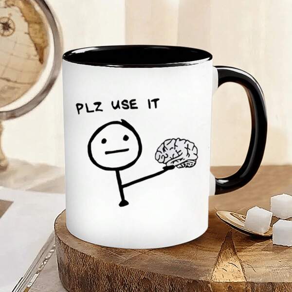 1 Pc 11 Ounce Ceramic Coffee Mug With "Please Use It" Brain Illustration, Reusable Multi-Coated Mug, Dishwasher And Microwave Safe, Multi-Use Humor Gift Coffee Mug Portable Coffee Cup Office Cup Tea Cup Milk Cup Back To School
